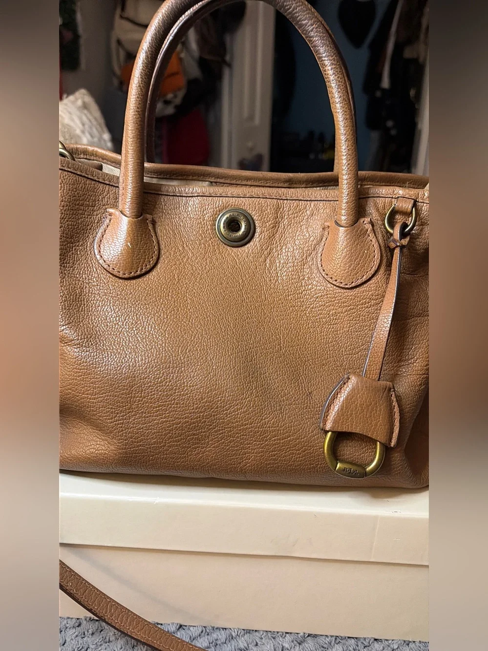 Leather Lauren Ralph Lauren, Satchel Handbag in Cognac Tan with Detachable Strap